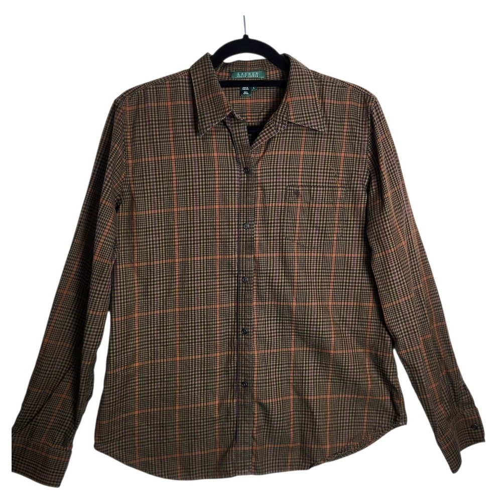 Lauren Ralph Lauren Brown Plaid Button Down Shirt Large 100% Cotton